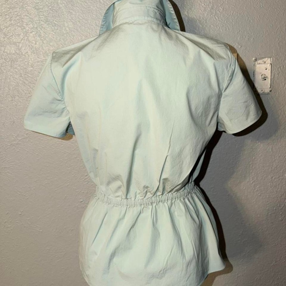 NWOT Theory Size S Women's Cinched Waist Luxe Stretch Cotton Peplum Shirt Sage - Picture 2 of 4